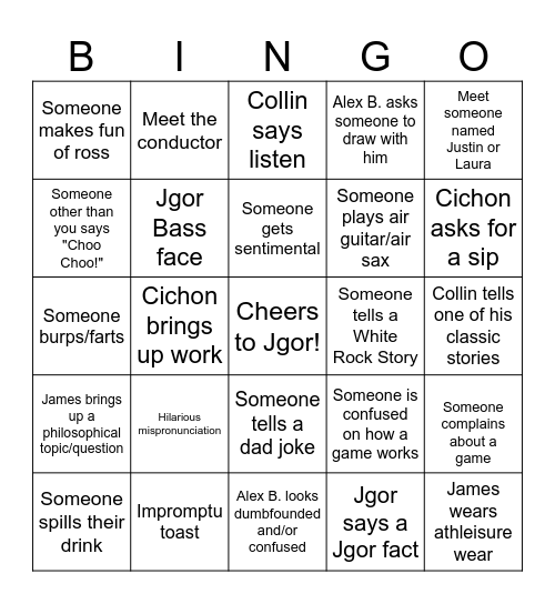 JGOR'S BACHELOR PARTY!! (Cichon card) Bingo Card