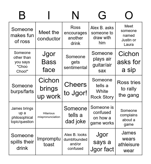JGOR'S BACHELOR PARTY!! (Cichon card) Bingo Card