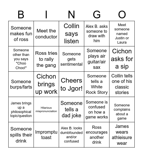 JGOR'S BACHELOR PARTY!! Bingo Card