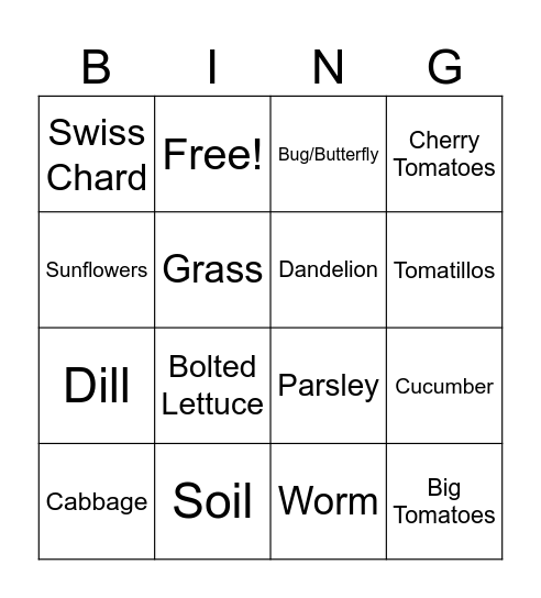 Garden Bingo Card