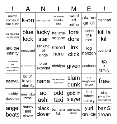 Anime bingo Card