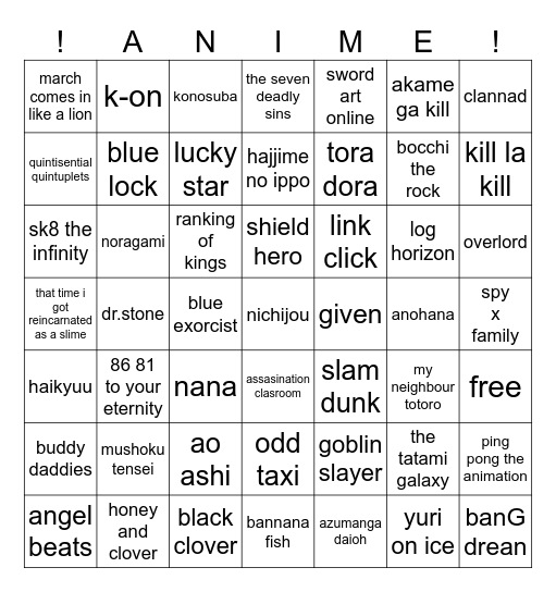 Anime bingo Card