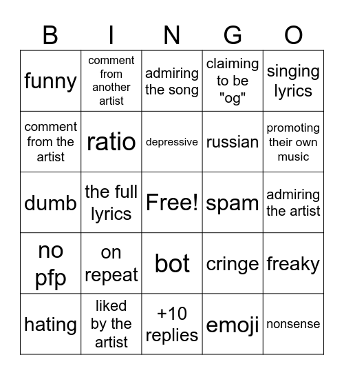 soundcloud comments bingo Card
