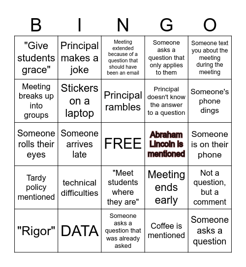 Teacher Staff Meeting Bingo Card