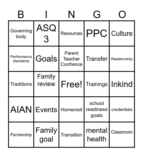 Family Services Bingo Card
