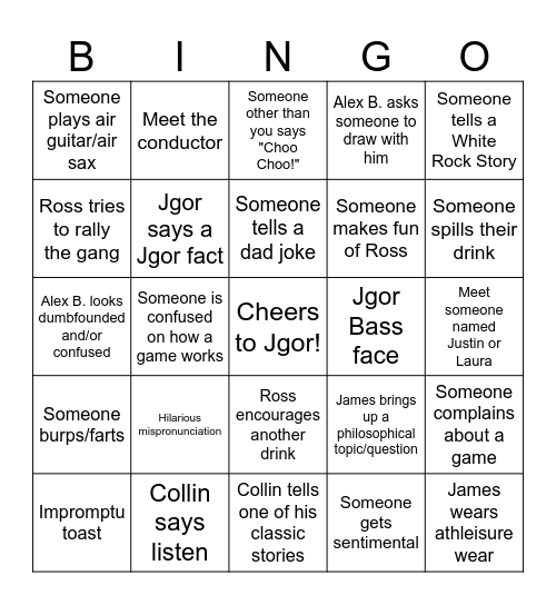 JGOR'S BACHELOR PARTY!! Bingo Card