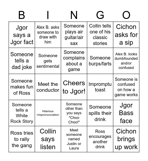 JGOR'S BACHELOR PARTY!! Bingo Card