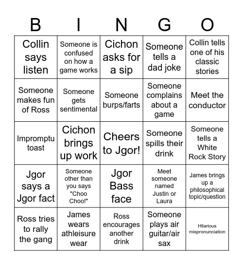 JGOR'S BACHELOR PARTY!! Bingo Card