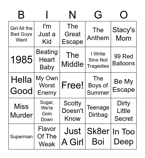 Pop Punk Anthems Rd 2 Bingo Card