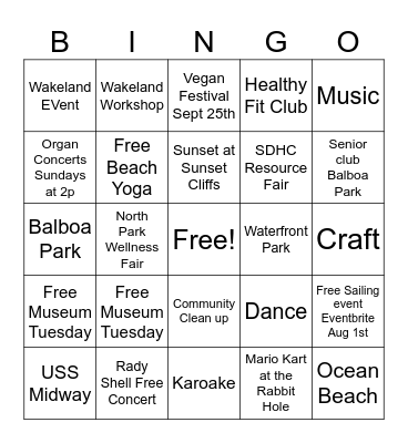 Free Thins to do San Diego Bingo Card