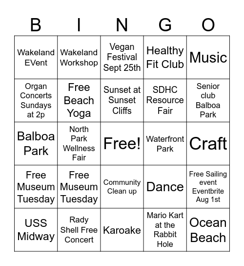 Free Thins to do San Diego Bingo Card