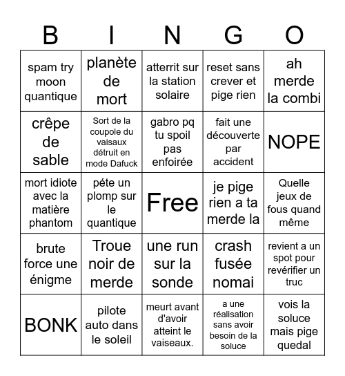 Outer wilds stream Bingo Card