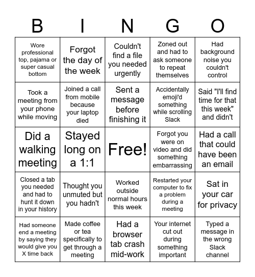 Work Life Bingo Card
