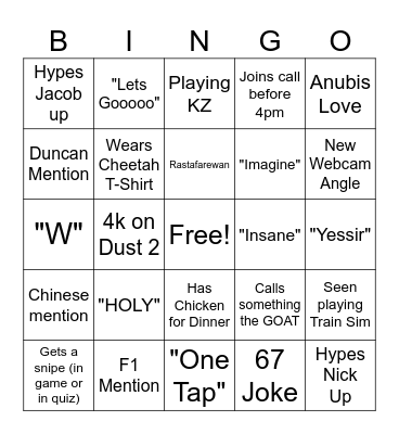 Ewan Bingo Card