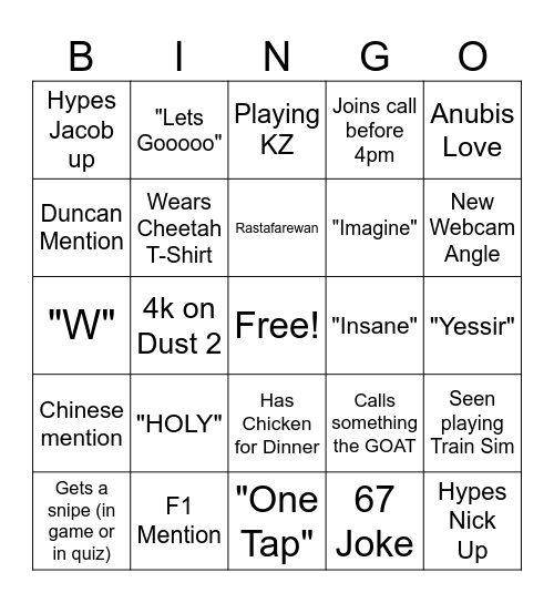 Ewan Bingo Card