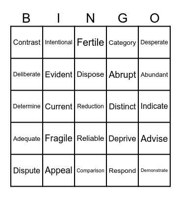 Vocabulary Bingo Card