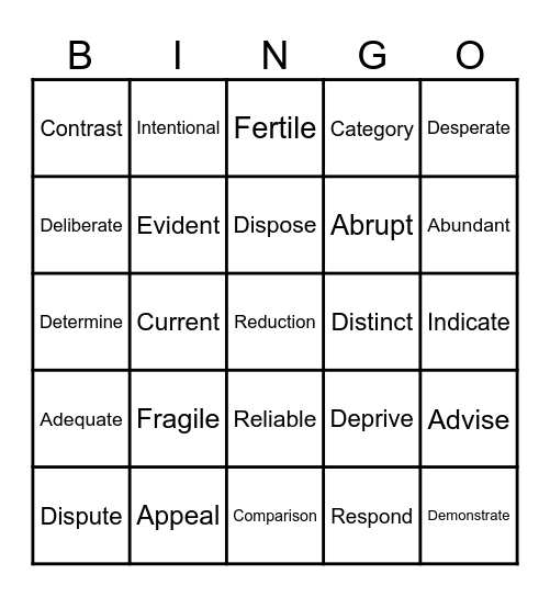 Vocabulary Bingo Card