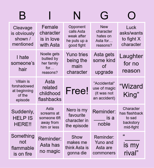 Black Clover Bingo Card