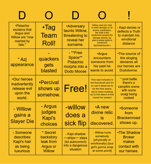 Dodo 3.4 Cove of Compultion Bingo Card