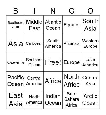 Regions of the World Bingo Card
