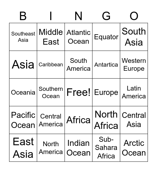 Regions of the World Bingo Card