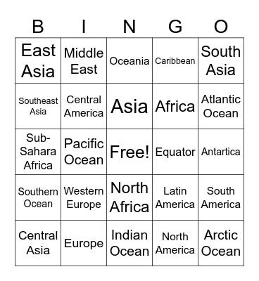 Regions of the World Bingo Card