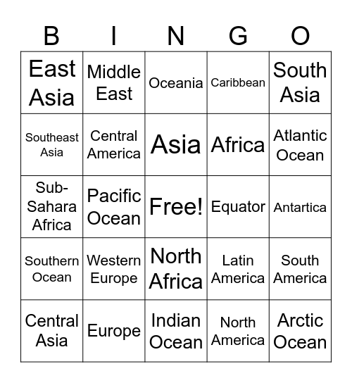 Regions of the World Bingo Card