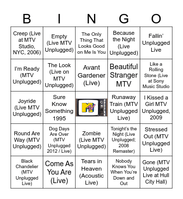 MTV Unplugged Bingo Card