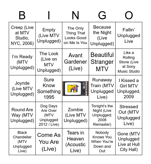 MTV Unplugged Bingo Card