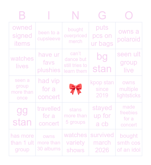 kpop Bingo Card