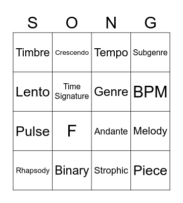 Elements of Music Bingo Card