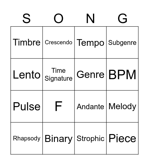 Elements of Music Bingo Card