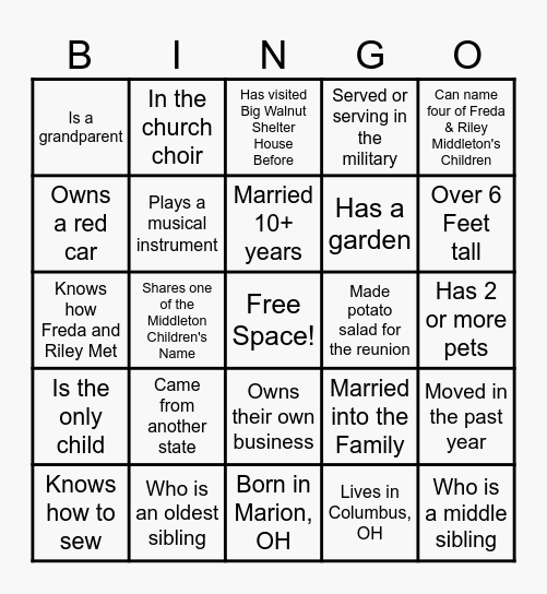 Middleton Bingo! Bingo Card