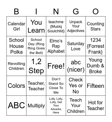 School Days Bingo Card