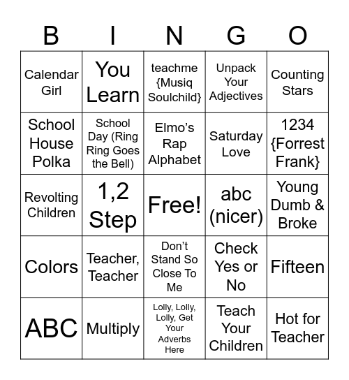 School Days Bingo Card