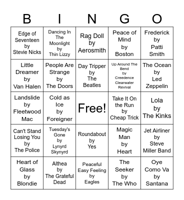 Rock N Roll Bingo Card