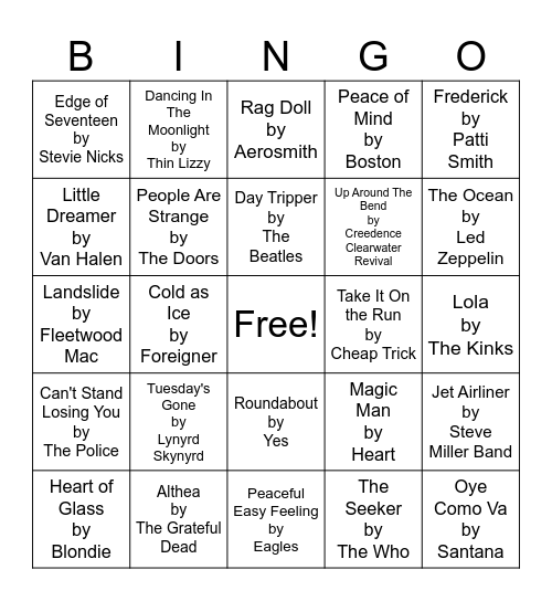 Rock N Roll Bingo Card