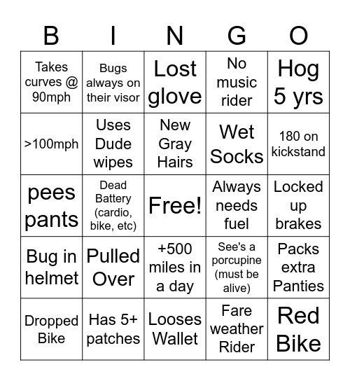Moto Bingo Card
