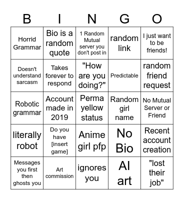 Discord scammer bingo Card