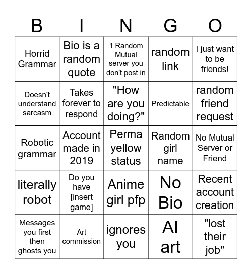 Discord scammer bingo Card