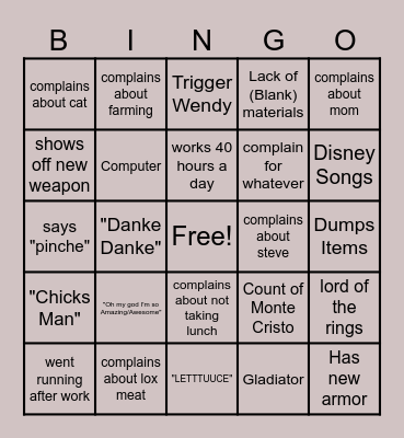 Annoying Manny Bingo Card