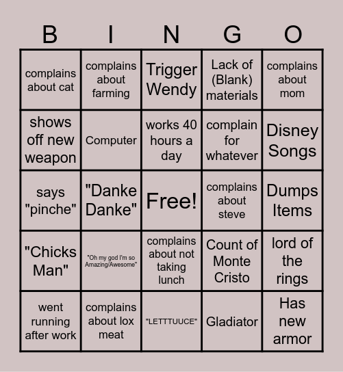 Annoying Manny Bingo Card