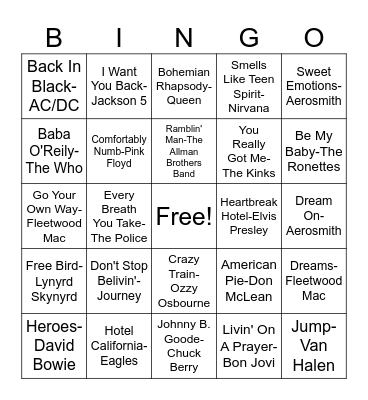 Classic Rock Bingo Card