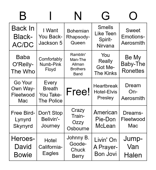 Classic Rock Bingo Card
