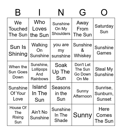 Songs With "Sun" In The Title Bingo Card
