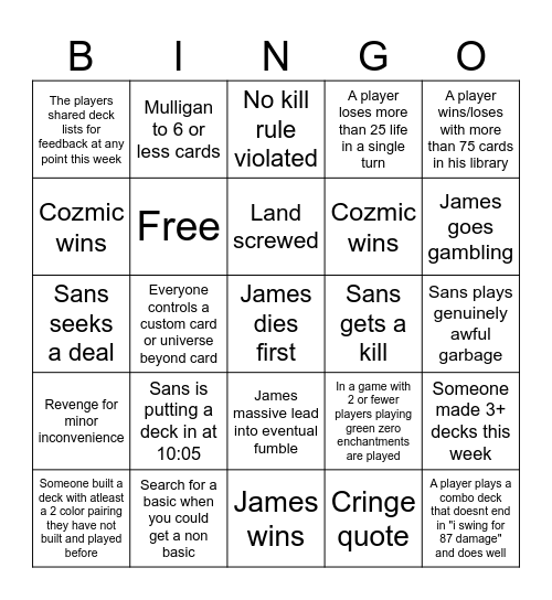 Custom Magic Knight Bingo Card