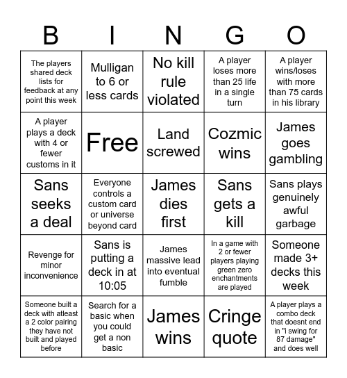 Custom Magic Knight Bingo Card