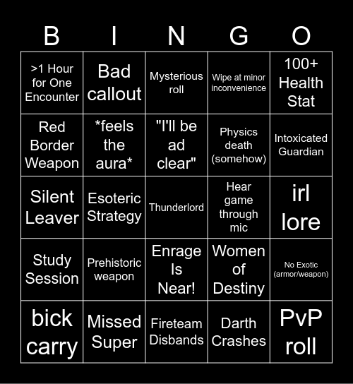 OFFICIAL MAL CITY DESTINY 2 LFG BINGO Card