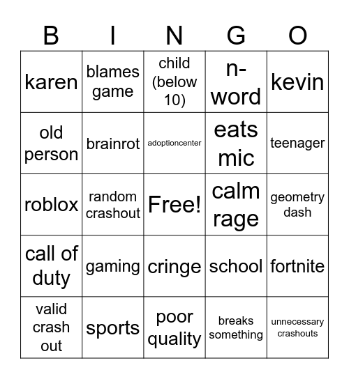 crashout Bingo Card