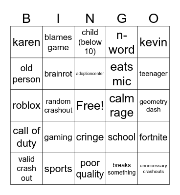 crashout Bingo Card